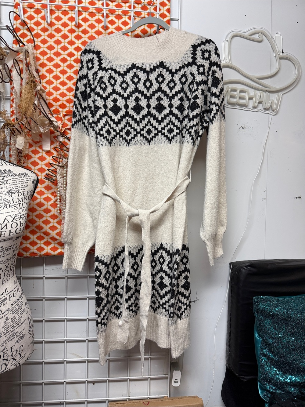 Lucky Brand Cream and Black Long Sleeve Knit Dress with Belt